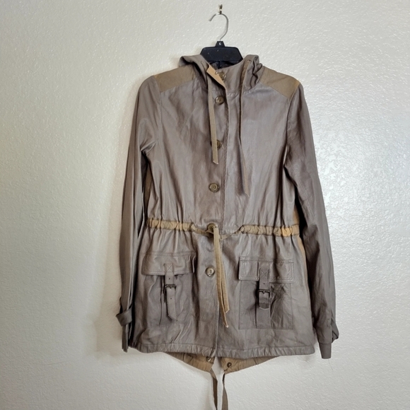 Illia leather cotton utility fishtail drawstring jacket sz M - Picture 1 of 12